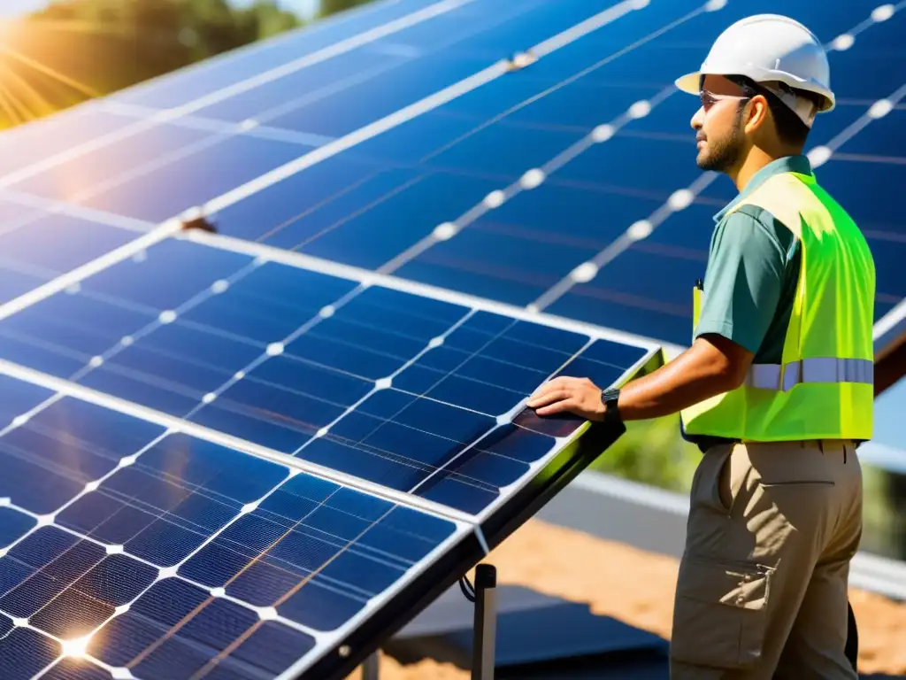 Instalación de paneles solares con trabajador ajustando el ángulo