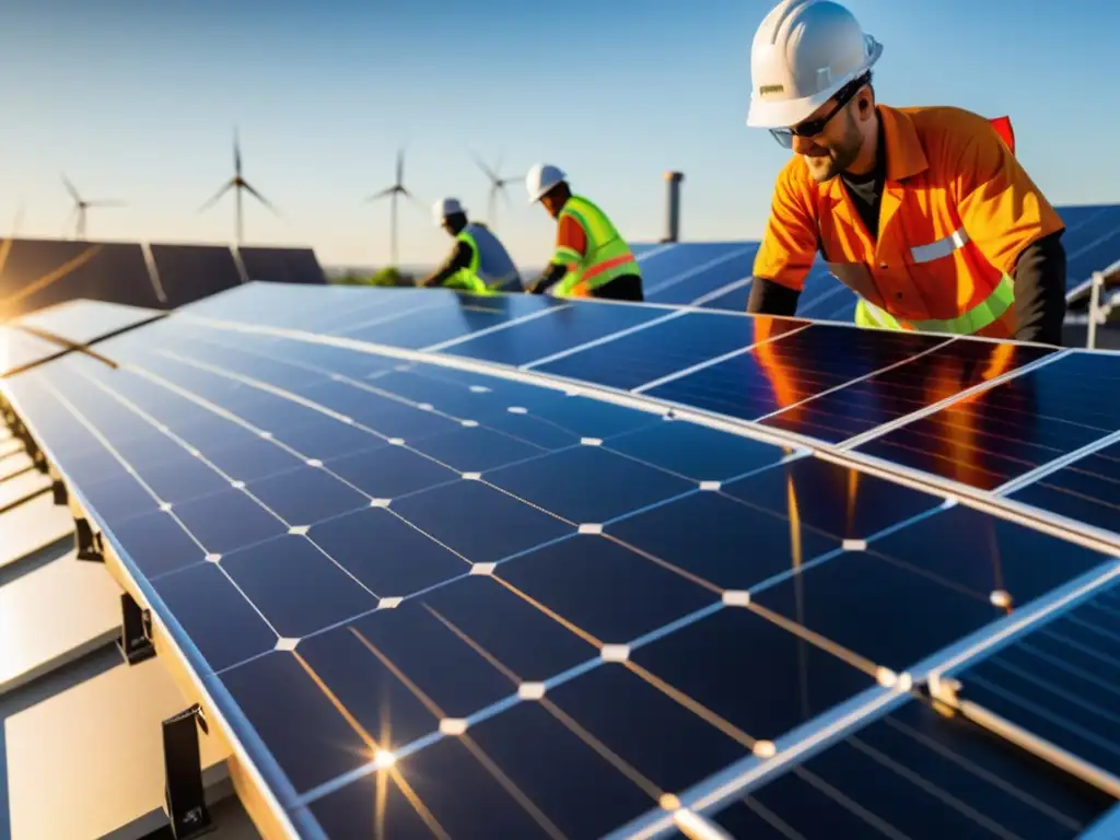 Una instalación de paneles solares con trabajadores en silueta, resaltando la importancia de los bonos verdes