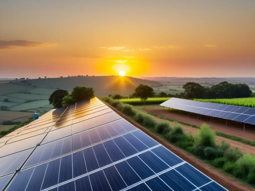 Instalación solar al atardecer: desarrollo sostenible en comunidad Una instalación de paneles solares en zona rural al atardecer, con un cálido resplandor dorado
