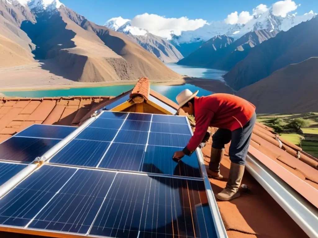 Instalación de sistemas solares térmicos para vivienda sostenible en una casa de adobe en los Andes peruanos, con montañas nevadas y llamas de fondo