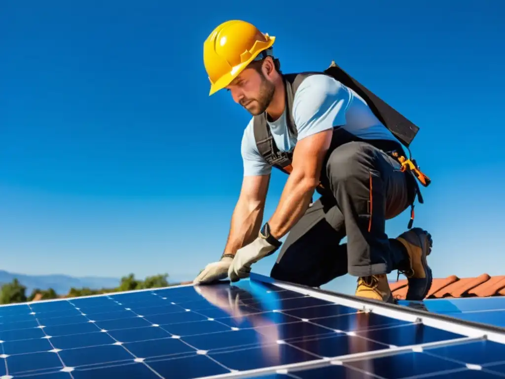 Instalador de paneles solares profesional colocando con precisión un panel en un tejado, con un cálido resplandor solar