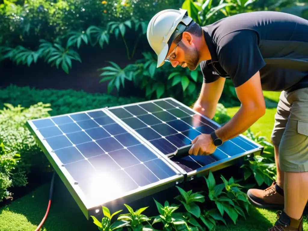 Instalador profesional asegura panel solar en jardín ecológico