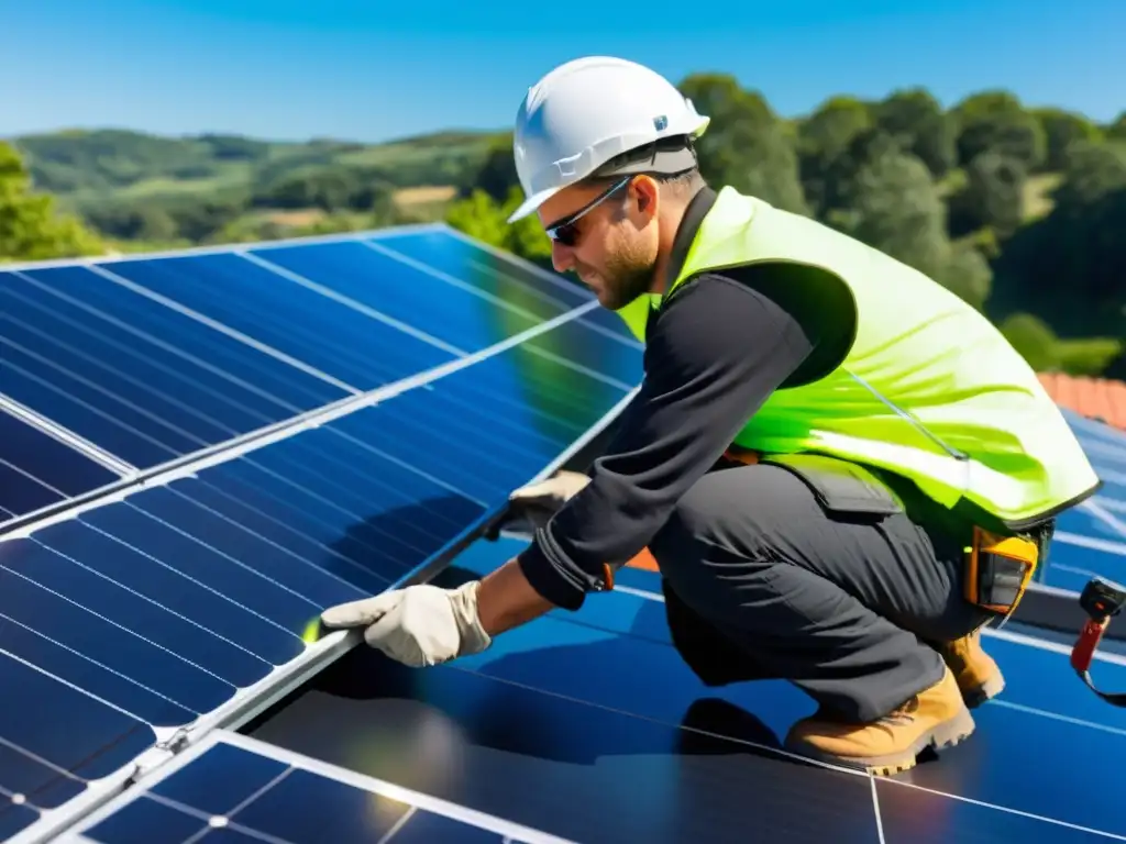 Instaladores de paneles solares trabajando en un tejado bajo el cálido sol, conectando cables con profesionalismo