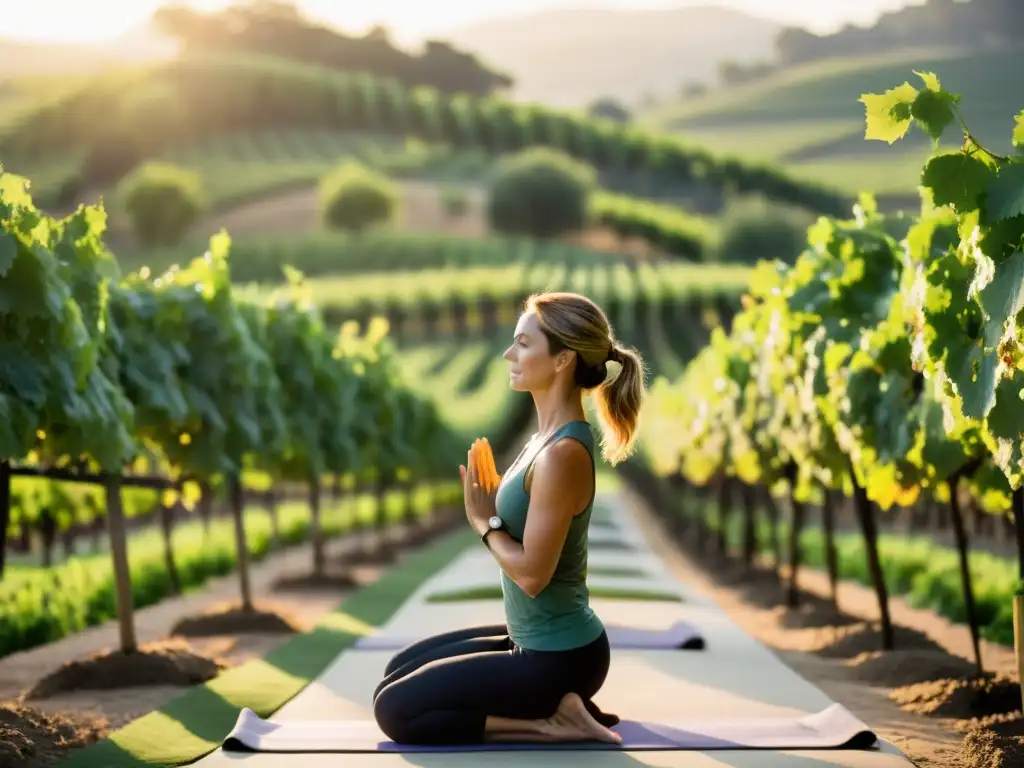 Un instructor de yoga en un viñedo lleva a cabo una clase serena mientras el sol dora el paisaje