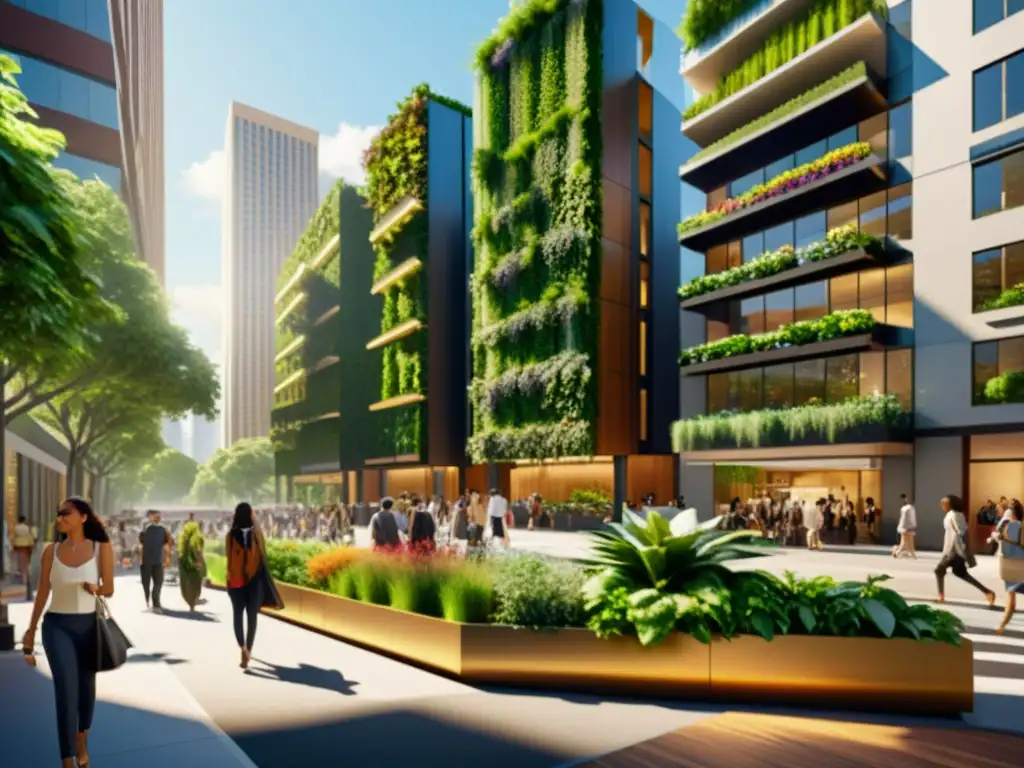 Integración de naturaleza en ciudades: Una calle bulliciosa con rascacielos y jardines verticales, creando armonía entre naturaleza y vida urbana