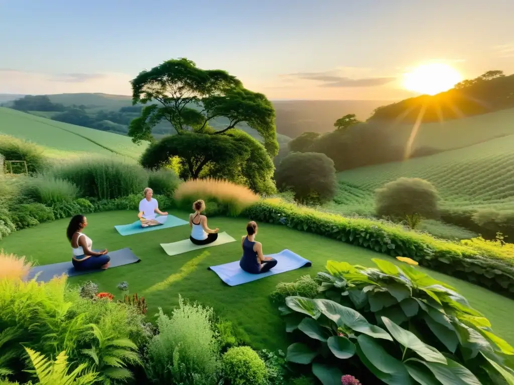 Integración de yoga en permacultura: Practicantes en armonía con la naturaleza al atardecer, rodeados de plantas vibrantes