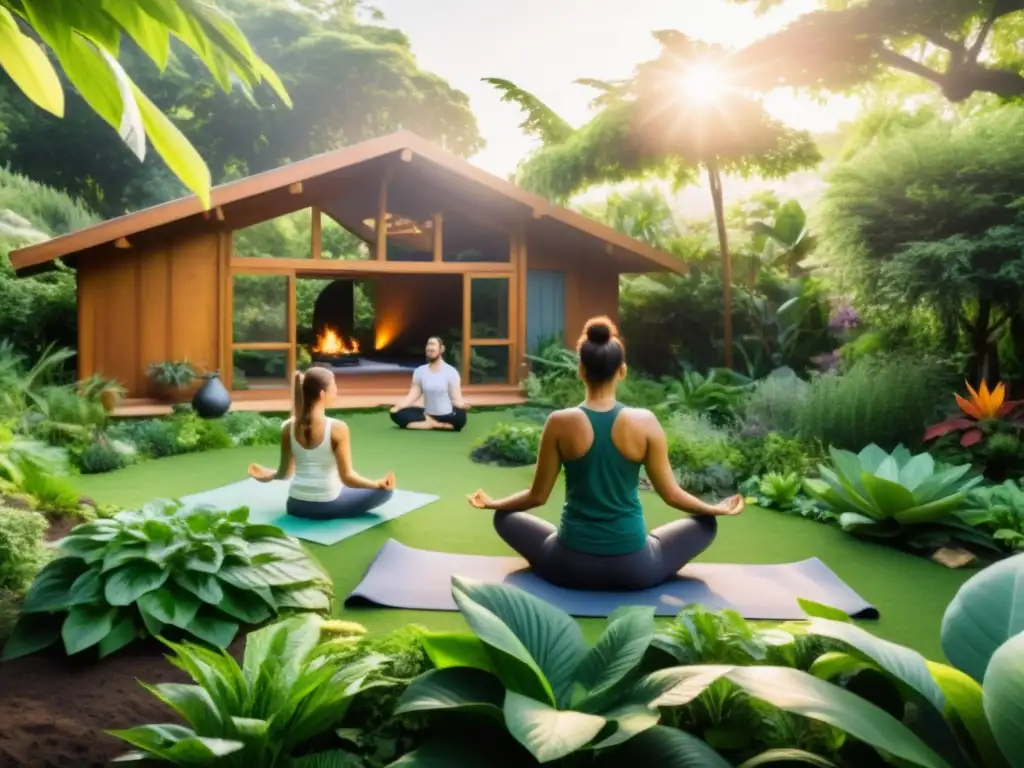 Integración de yoga en permacultura: Practicantes en poses de yoga, inmersos en un jardín exuberante y sostenible, conectados con la naturaleza