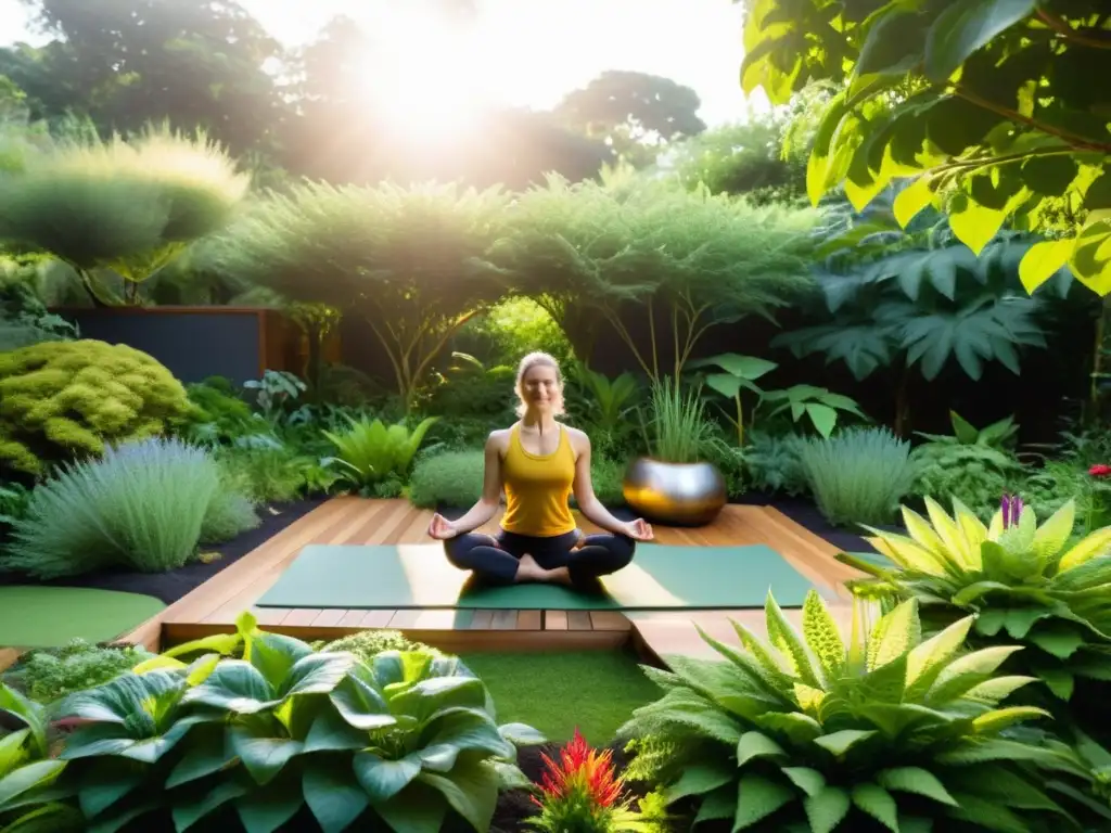 Integración de yoga en permacultura: Jardín sereno y exuberante, con vida vegetal diversa, área de práctica de yoga y persona en postura meditativa