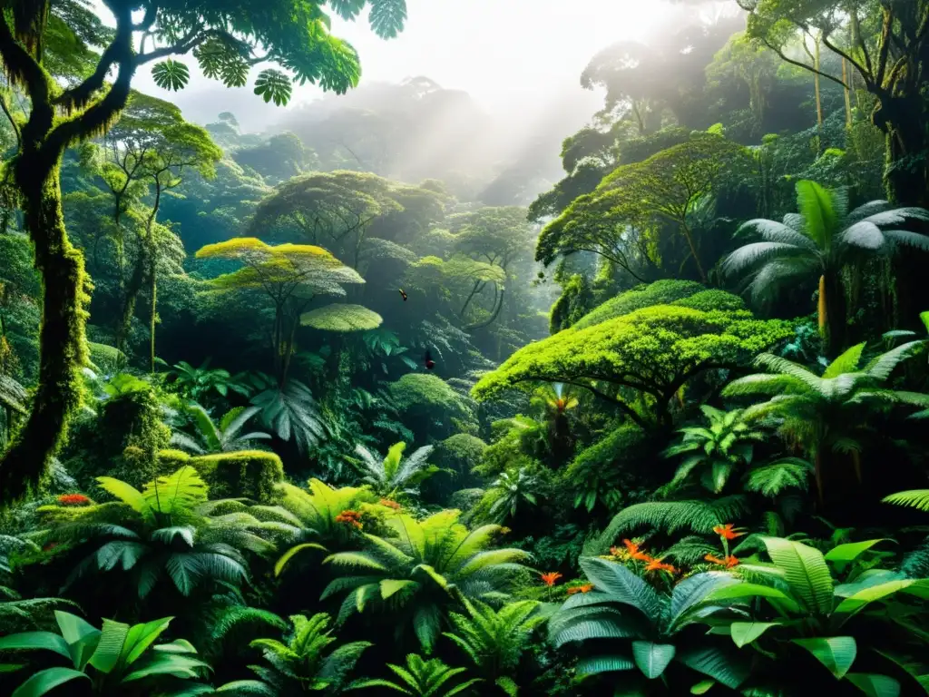 Aplicación de inteligencia artificial en ecosistemas: Imagen de exuberante selva tropical con diversa flora y fauna, vida en un bosque mágico