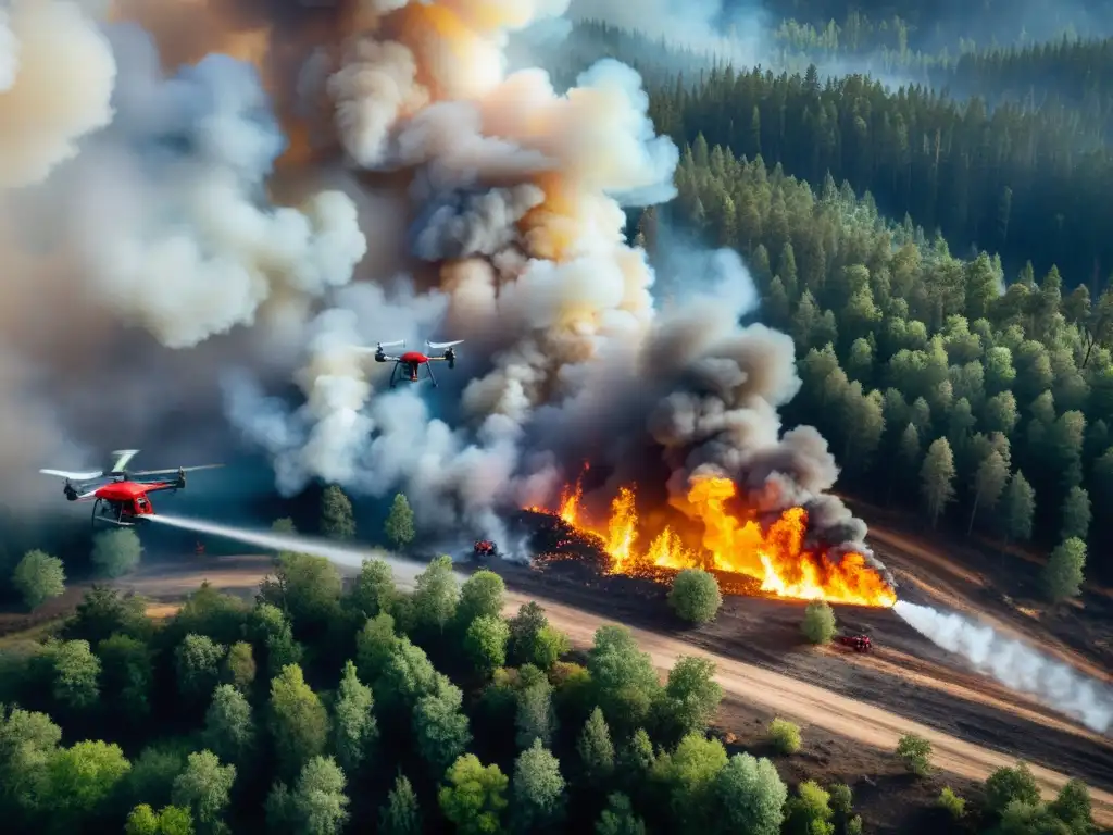 Operación intensa de prevención de incendios forestales con drones y bomberos coordinando el esfuerzo en el bosque en llamas