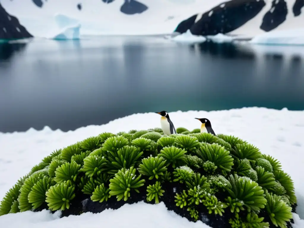 Interacción entre plantas, fauna antártica y delicado equilibrio en la imagen de musgo y pingüinos en la nieve