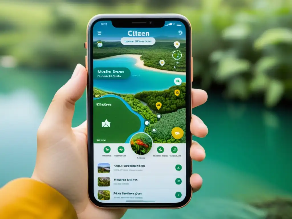 Interfaz de app móvil para monitoreo de biodiversidad ciudadano, con gráficos detallados de flora y fauna