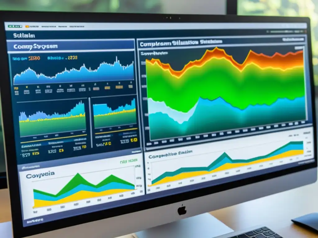 Interfaz avanzada de simulación de ecosistemas, gráficos detallados y datos, reflejando la tecnología de vanguardia de software comparativa