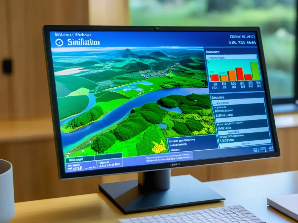 Simulación ecológica: interfaz avanzada y paisaje restaurado Interfaz de software de simulación mostrando éxito en restauración ecológica con gráficos detallados y entorno académico profesional