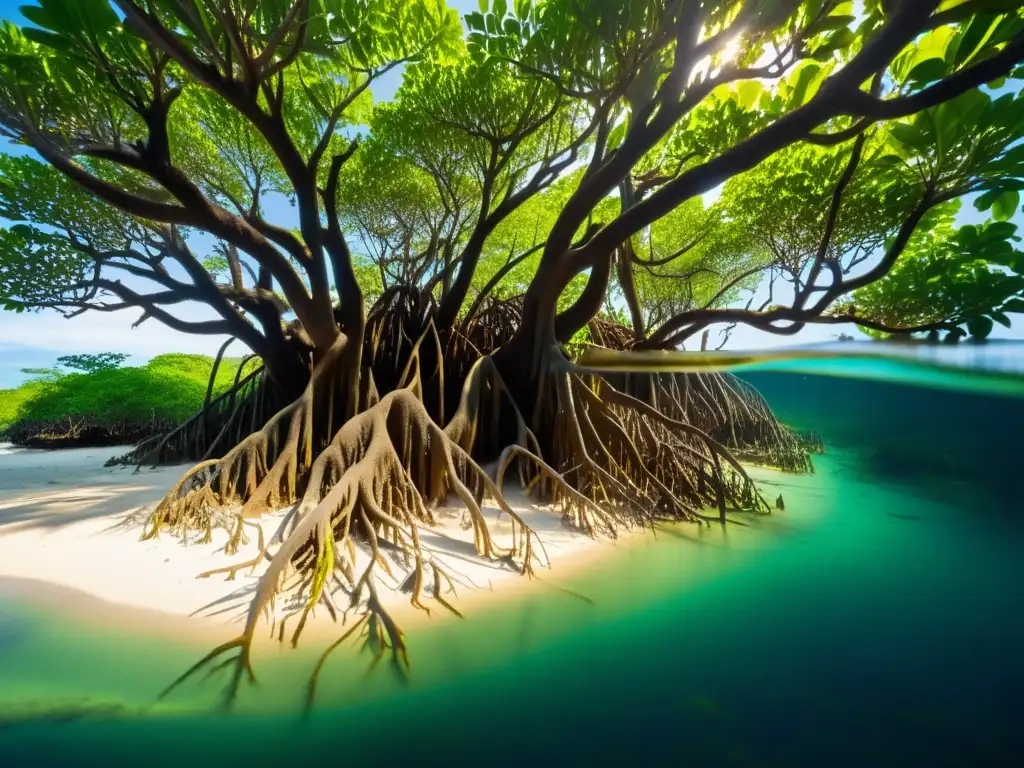 Biodiversidad marina en Komodo: Intrincado manglar con luz filtrada, raíces entrelazadas y vida animal oculta