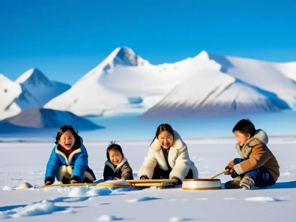 Inuit niños disfrutan de actividades didácticas adaptación frío extremo en la tundra nevada con montañas nevadas al fondo