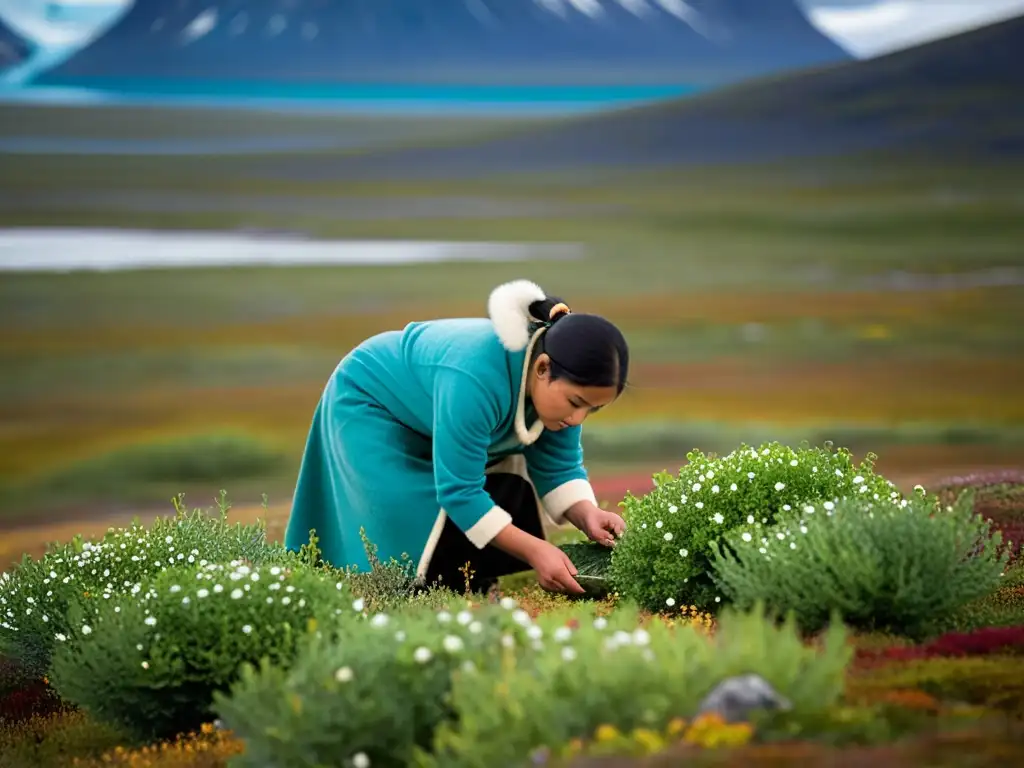 Un inuit recolecta plantas comestibles en la tundra, conectando con su dieta tradicional