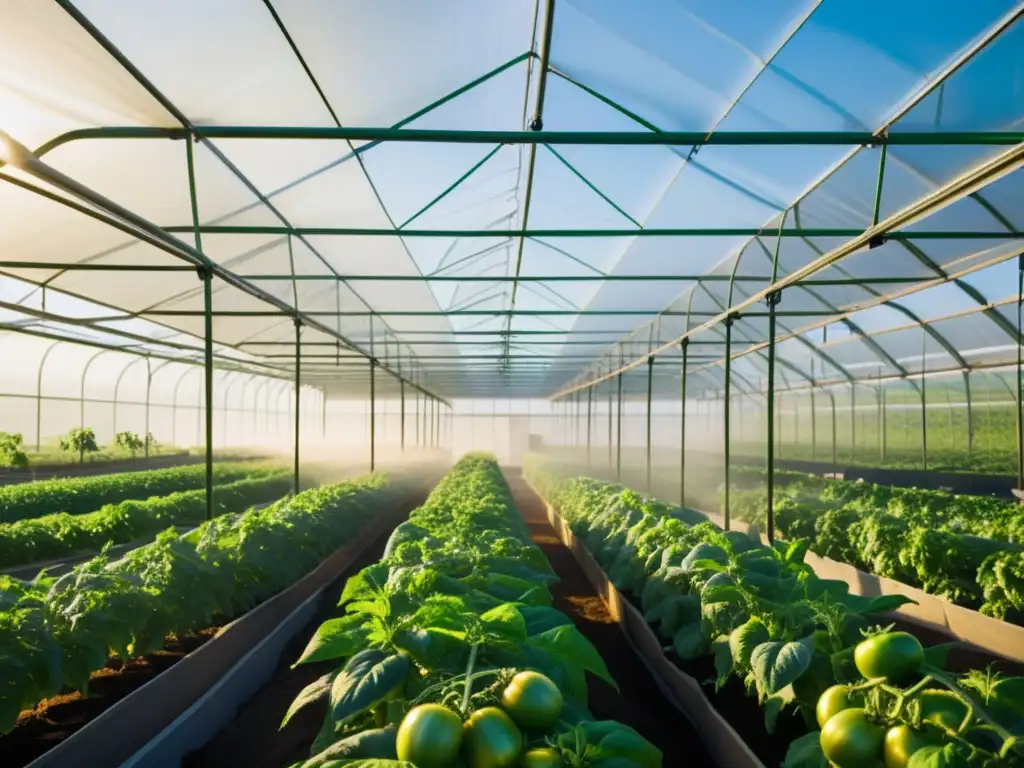 Un invernadero expansivo lleno de hileras de plantas de tomate vibrantes y verdes, bañadas por la cálida luz del sol