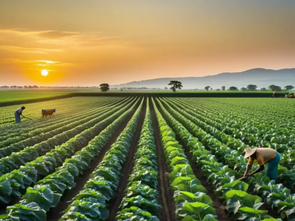 Inversión extranjera impacta comunidades agrarias: atardecer dorado sobre extenso paisaje verde, agricultores trabajando en armonía