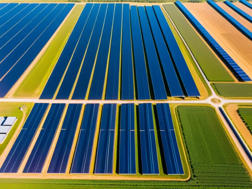 Granja solar: eficiencia renovable en acción Inversión segura en energías renovables: vista aérea de una extensa granja solar, con paneles brillando al sol y trabajadores monitoreando