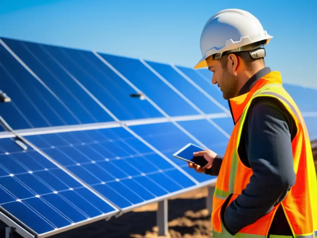 Energía solar: Tecnología y sostenibilidad Inversión segura en energías renovables: Un extenso campo de paneles solares bañado por la cálida luz del sol, con un técnico examinando un panel