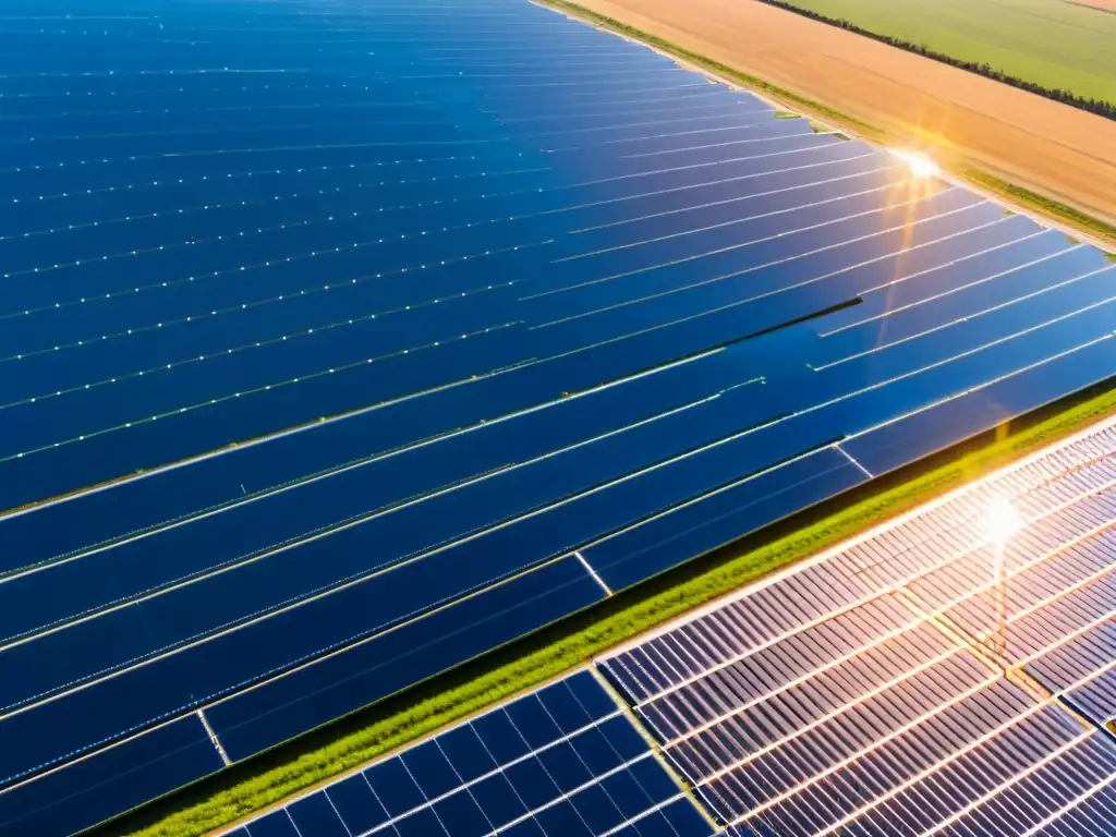Granja solar brillante: energía renovable en armonía con la naturaleza Inversión segura en energías renovables: Solar farm con paneles brillantes en un paisaje armonioso, bajo cielo azul