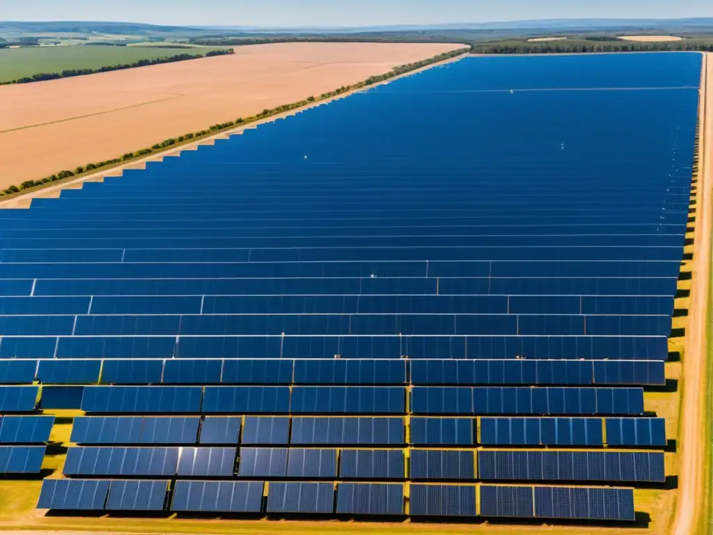 Inversiones rentables en proyectos de energía solar: Una vista aérea de un campo solar con paneles relucientes bajo un cielo azul despejado