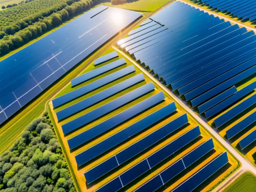 Inversiones rentables en proyectos de energía solar: vista aérea de una granja solar con paneles relucientes en contraste con el paisaje