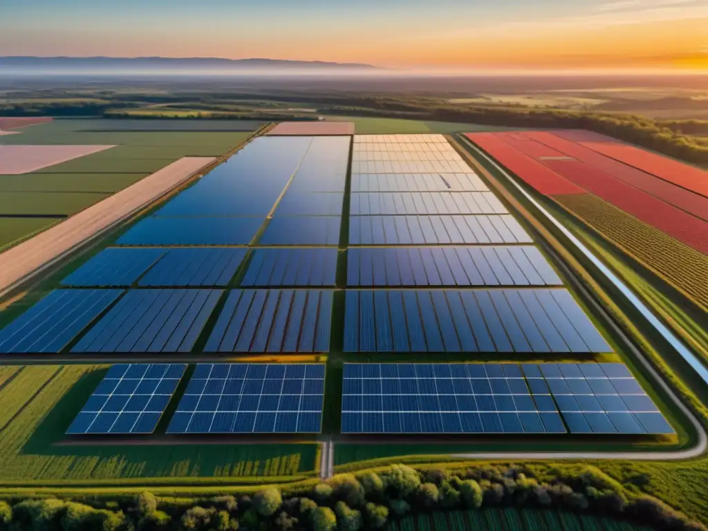 Inversiones rentables en proyectos de energía solar: Vista aérea de una granja solar al amanecer con paneles solares y colores vibrantes en el cielo