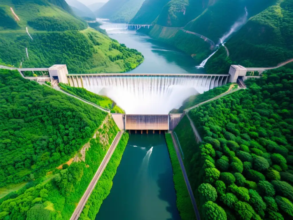 Inversiones sostenibles en energía hidroeléctrica: vista aérea impresionante de una enorme presa entre montañas verdes exuberantes y un río ancho