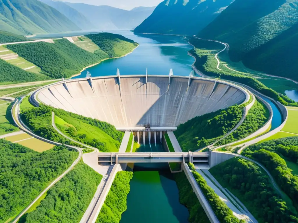 Inversiones sostenibles en energía hidroeléctrica: imponente presa en un valle verde, reflejos cristalinos y armonía entre ingeniería y naturaleza