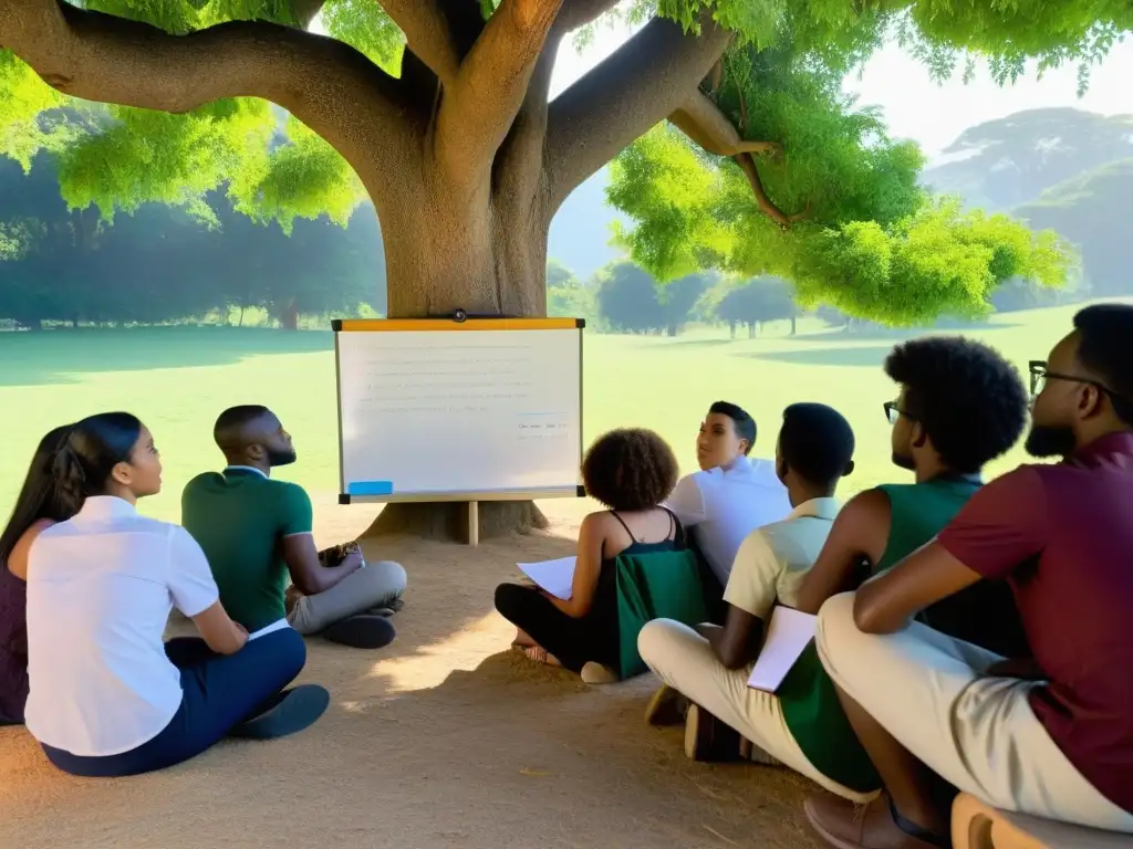 Inversiones sostenibles para educación financiera: Estudiantes atentos escuchan a un orador apasionado bajo un árbol, rodeados de naturaleza serena