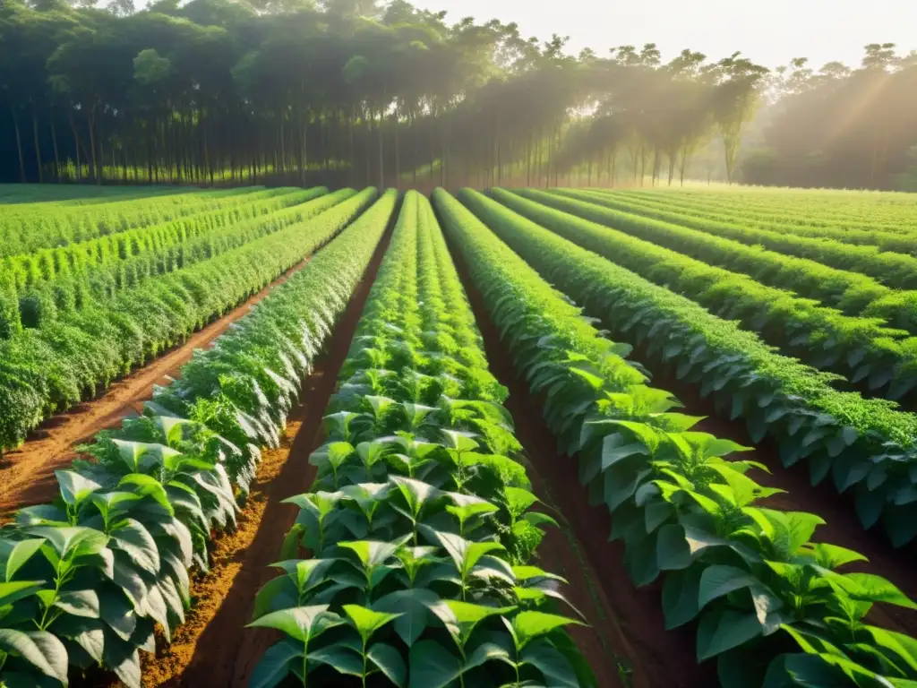 Inversiones sostenibles en biomasa: Plantación de biomasa sostenible con trabajadores cuidando las plantas bajo la cálida luz del sol