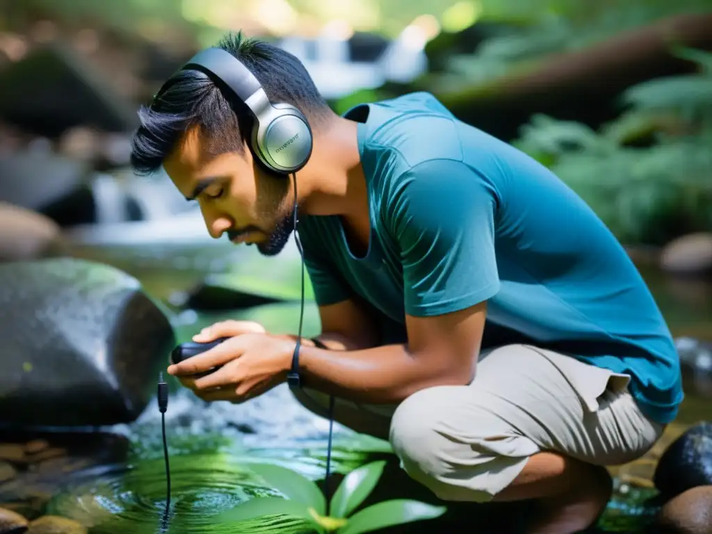 Un investigador con auriculares canceladores de ruido graba los sonidos de un arroyo de montaña