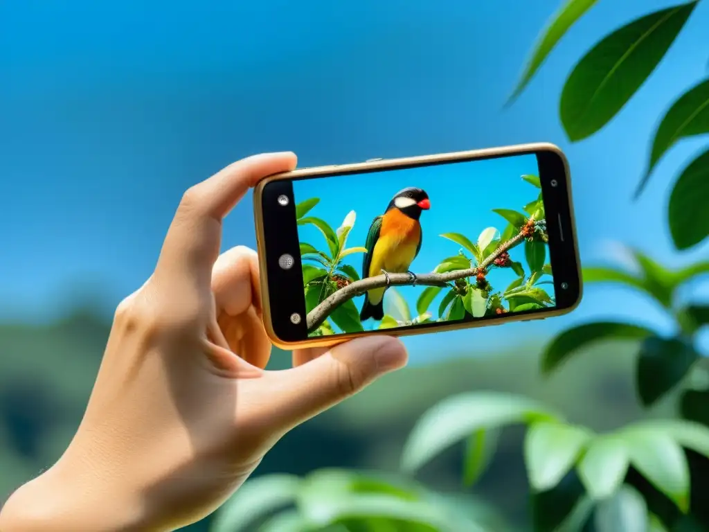 Un investigador captura imagen detallada de ave en árbol con tecnología móvil en ciencia ciudadana ecológica