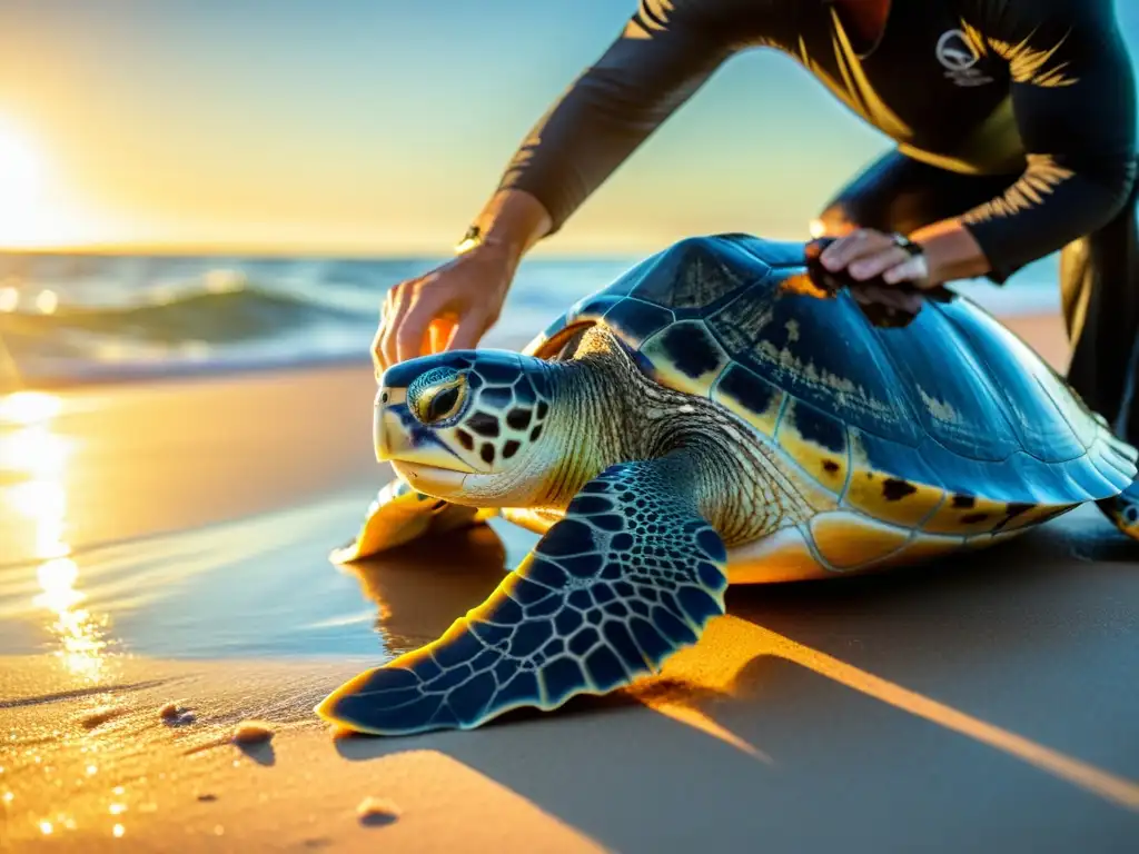 Un investigador libera con cuidado una tortuga marina etiquetada en el océano, bajo la luz dorada del sol