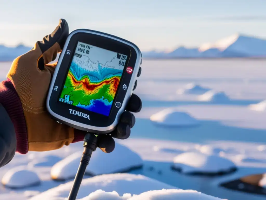 Un investigador utiliza un GPS para explorar ecosistemas tundra, ajustando la configuración entre la belleza helada del paisaje