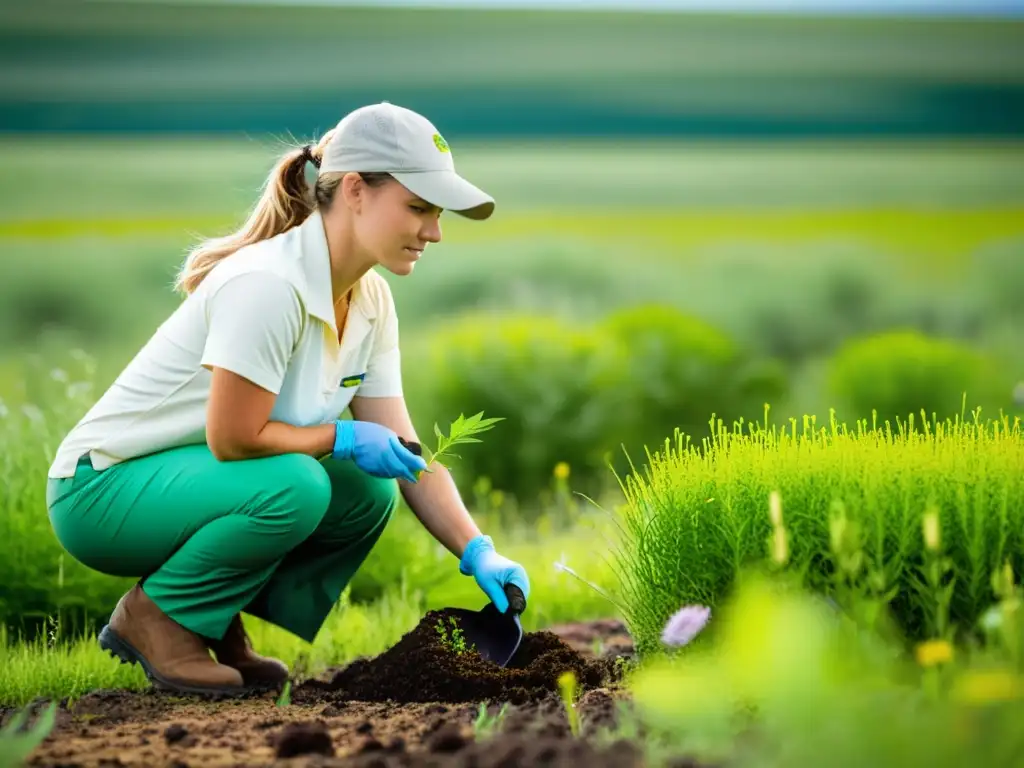 Un investigador recolecta muestras de suelo en una pradera, mostrando la meticulosidad de las técnicas de investigación en un entorno desafiante