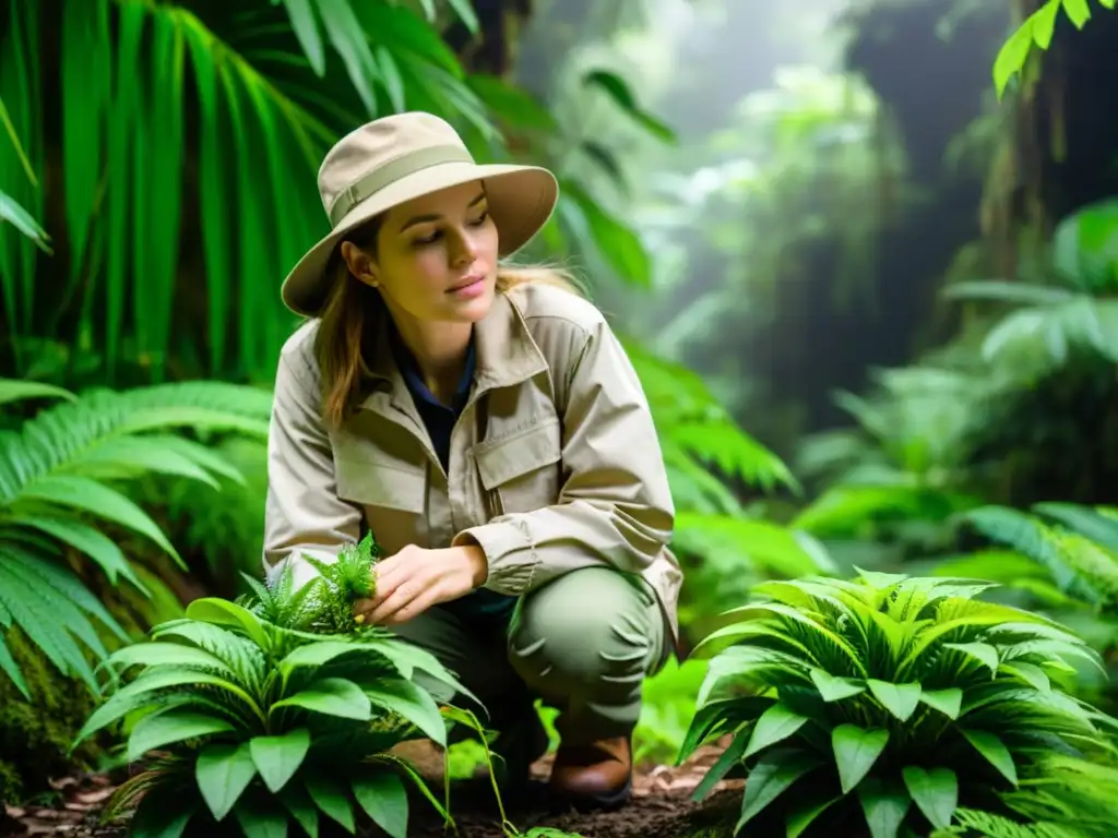 Investigador en ecología examina planta en la selva lluviosa