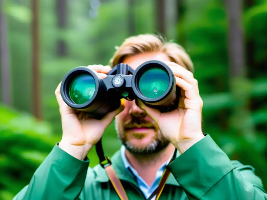 Un investigador de vida silvestre ajusta el equipo de observación fauna bosques templados, con binoculares desgastados, en un bosque verde desenfocado