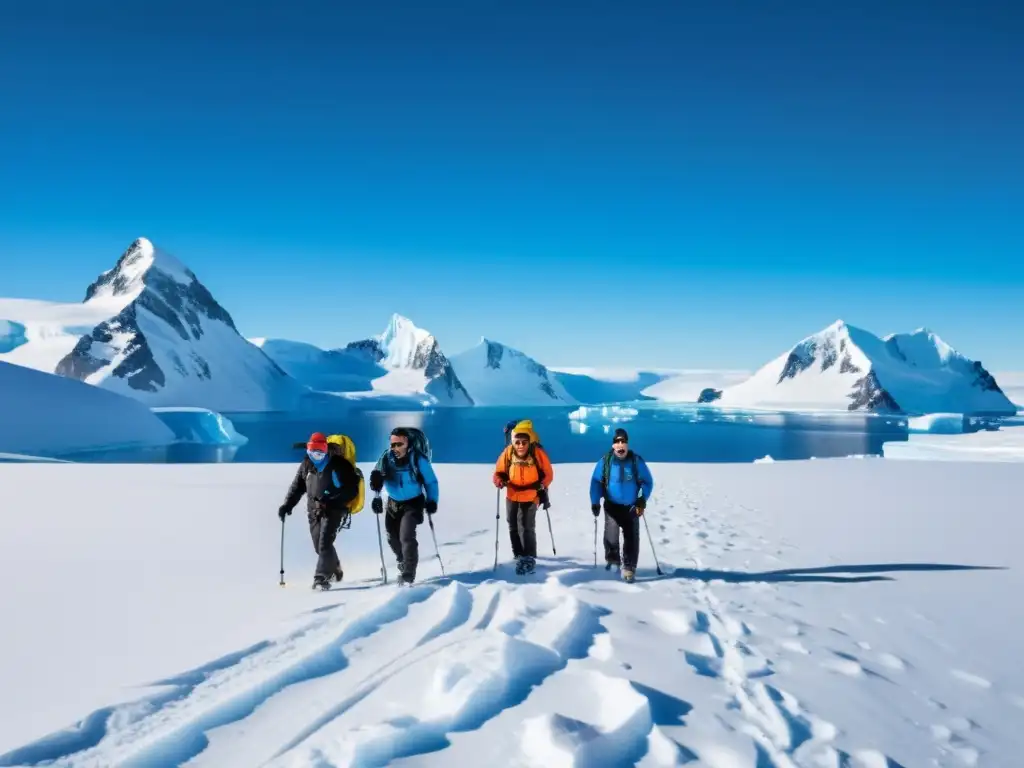 Investigadores del cambio climático en la Antártida, bajo un cielo azul brillante y rodeados de un paisaje de hielo inmaculado