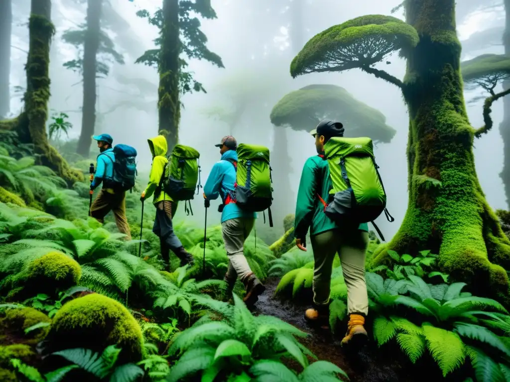 Investigadores exploran un misterioso bosque nublado, llevando equipo científico