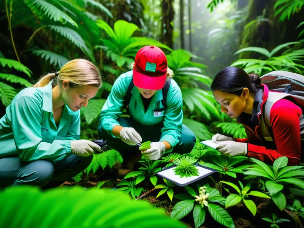 Investigadores documentando plantas en la selva con finaciación para conservación de biodiversidad