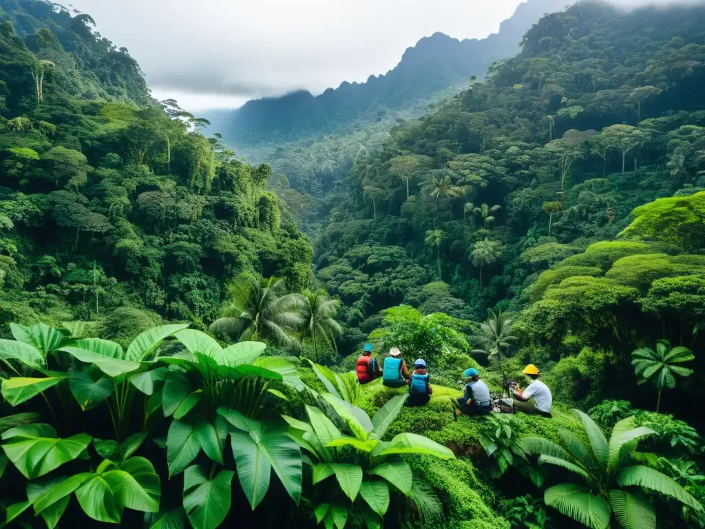 Investigadores en la selva documentando impacto social y ambiental responsable en ecosistema exuberante