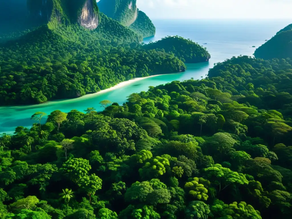 Biodiversidad en las islas Andamán: Un cautivador paisaje de la exuberante selva tropical, con árboles tropicales vibrantes y una diversa vida vegetal en todas direcciones, iluminado por el sol que filtra a través del denso follaje