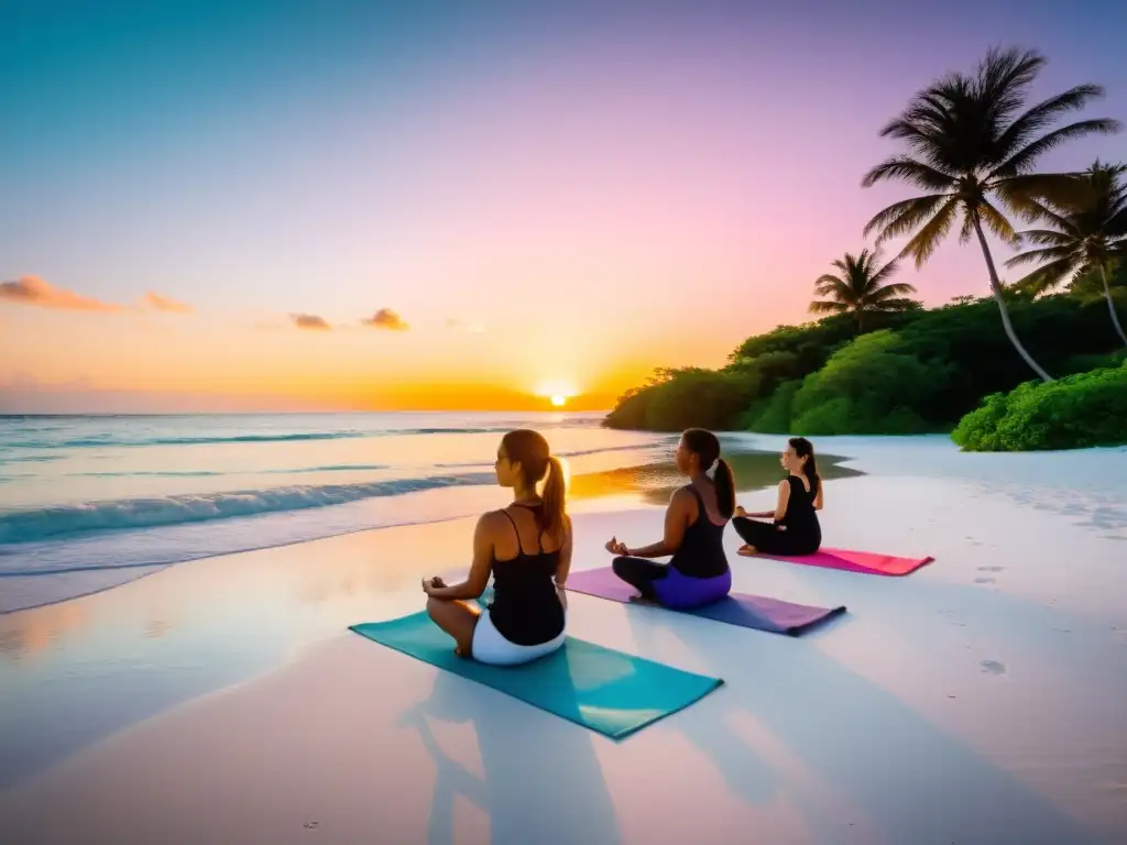 Yoga en islas remotas: Práctica de yoga al atardecer en una playa remota, rodeada de naturaleza exuberante y un mar sereno