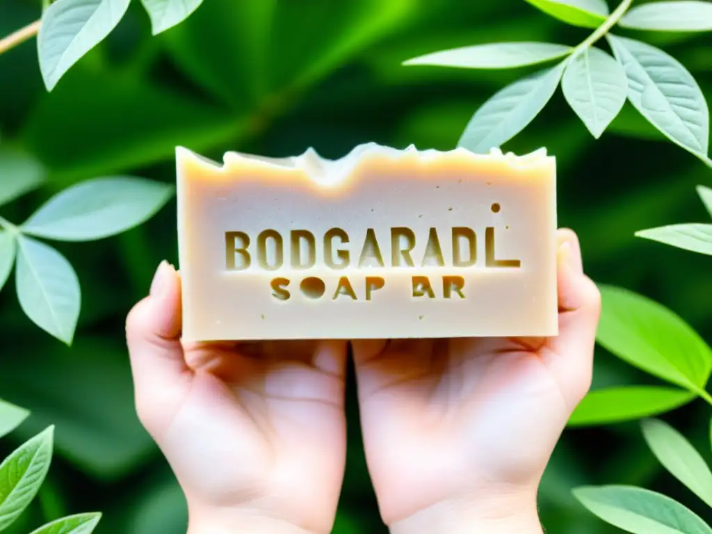 Un jabón biodegradable se enjabona en manos adornadas con joyería artesanal, frente a un fondo de exuberante vegetación