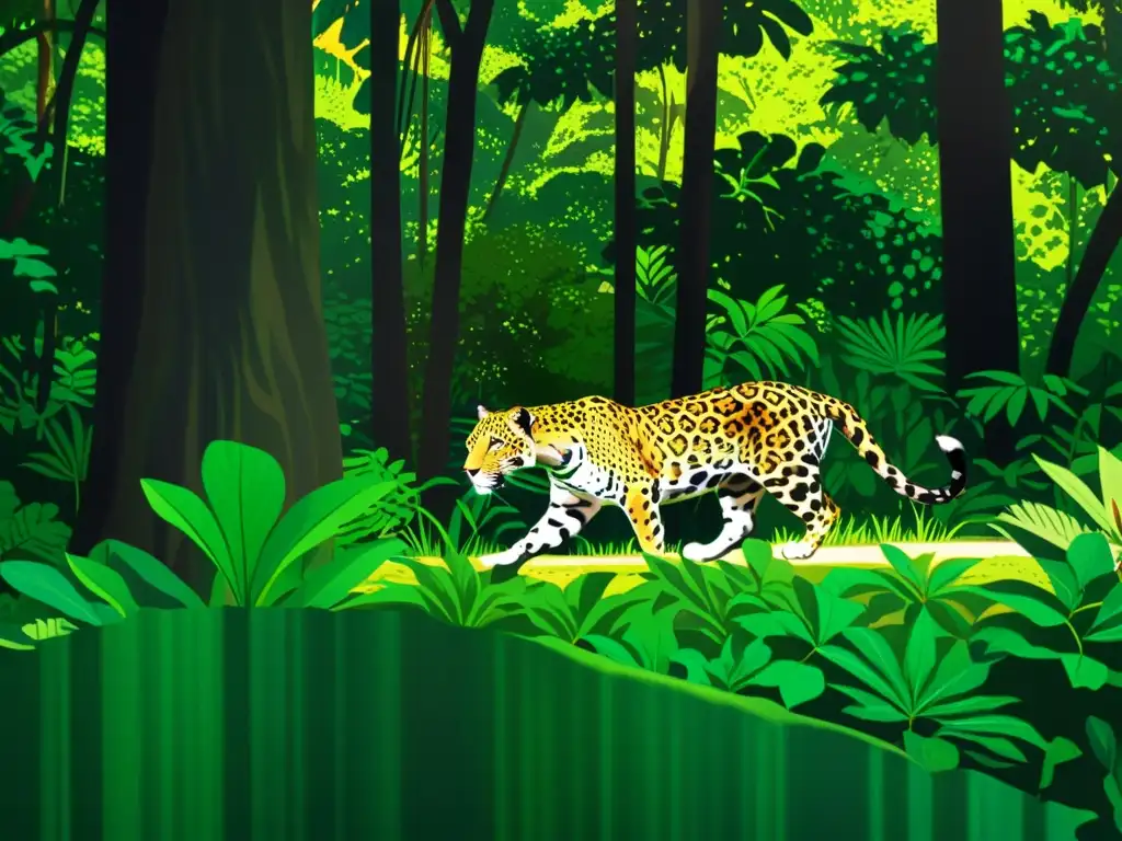 Un jaguar acechando entre la exuberante selva tropical, reflejando la intensidad de los animales esquivos en las selvas tropicales