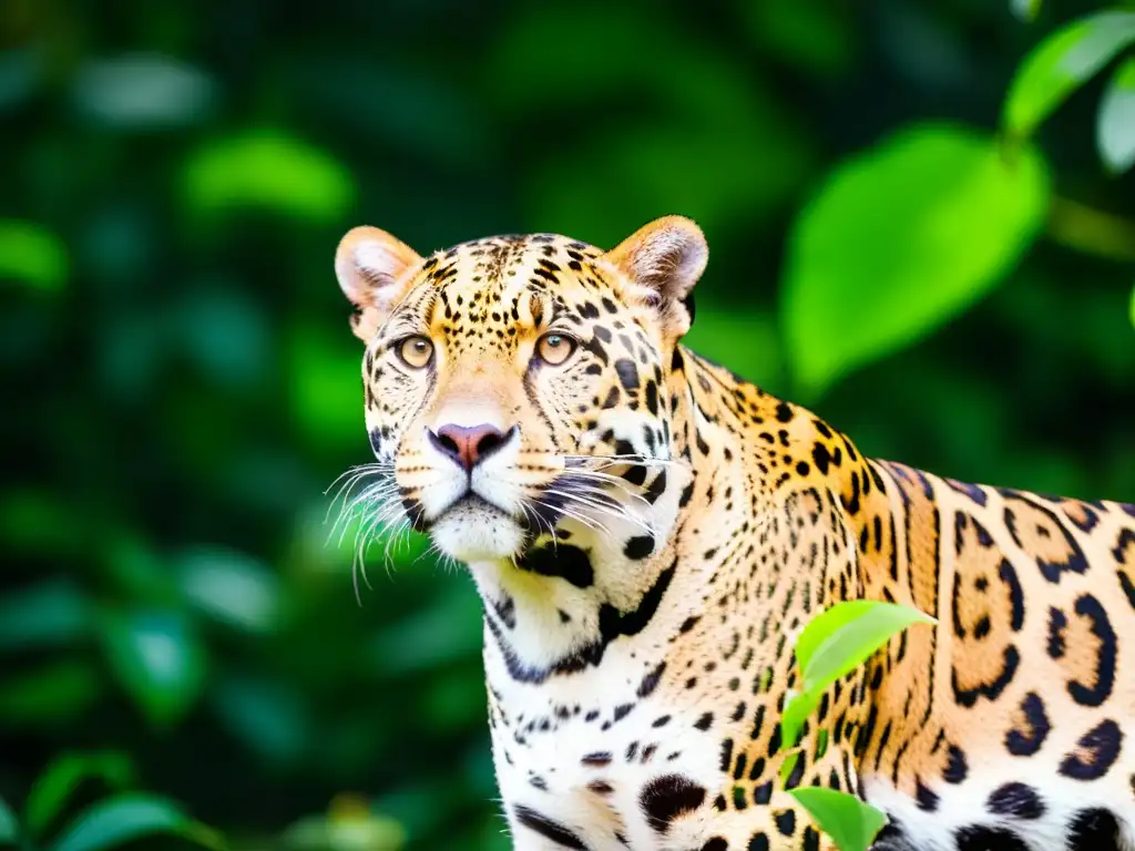 Una jaguar majestuosa se camufla en la exuberante selva amazónica, exudando poder y gracia