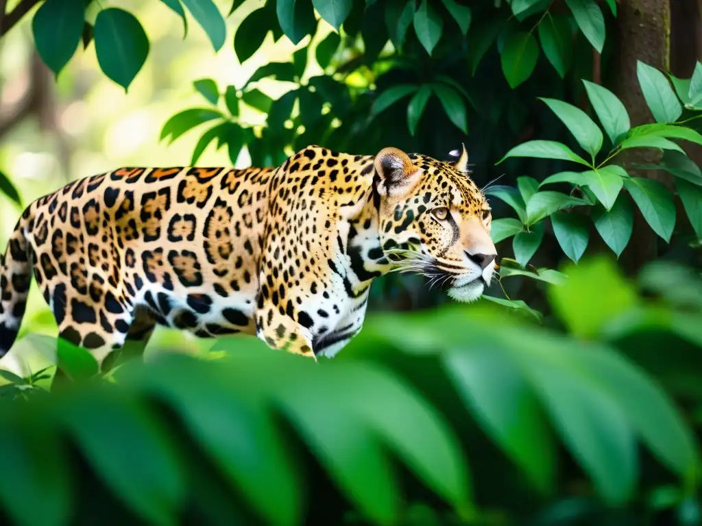 Un jaguar majestuoso se desliza silenciosamente por la densa maleza, su pelaje moteado se funde con la luz del sol filtrada